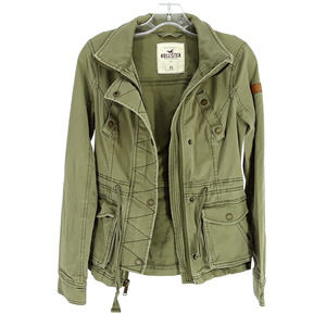 Hollister Full Zip Jacket Waist Drawstring Cargo Pockets Unlined Olive Green XS